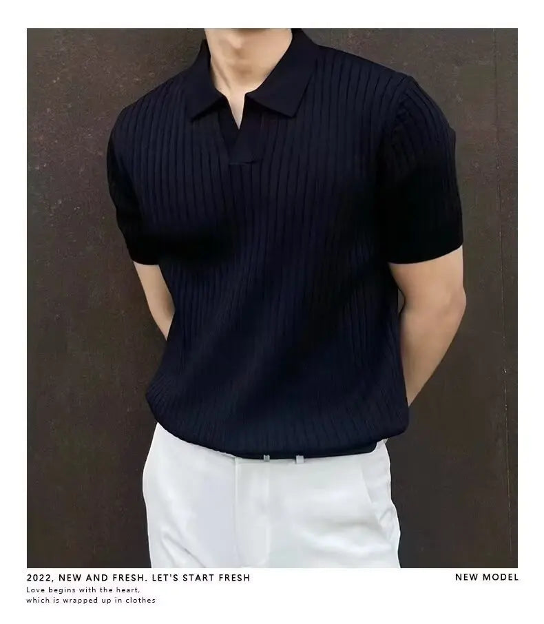 Trendy Polo Shirt for Men Summer Solid Color Top Versatile Knit Style Korean Short Sleeves Casual Fashion T-shirt