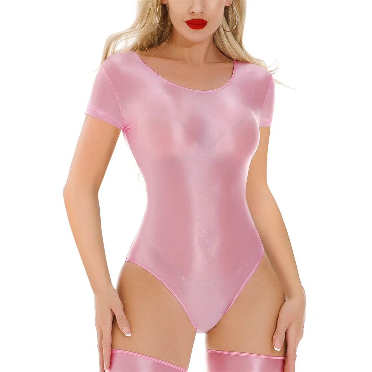 Women Sexy Bikini Leotard Solid Color Oil Shiny Smooth Bodysuits Short Sleeve Swimwear Rompers Transparent Yoga Fitness Catsuits