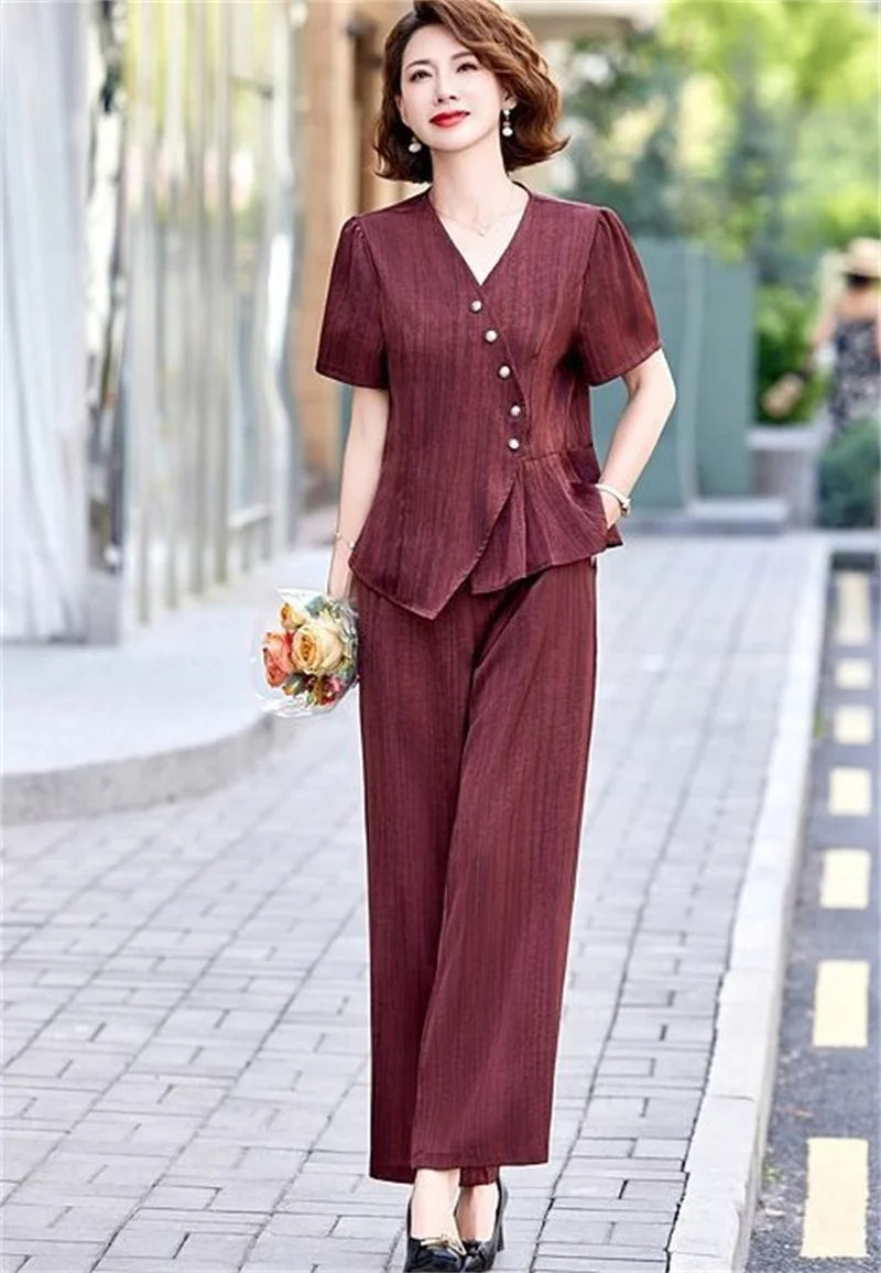 2025 Female Fashion Short Sleeve 2PCS French Women New Two-piece Set Summer Middle Aged Mother Solid Color Wide Leg Pants Outfit