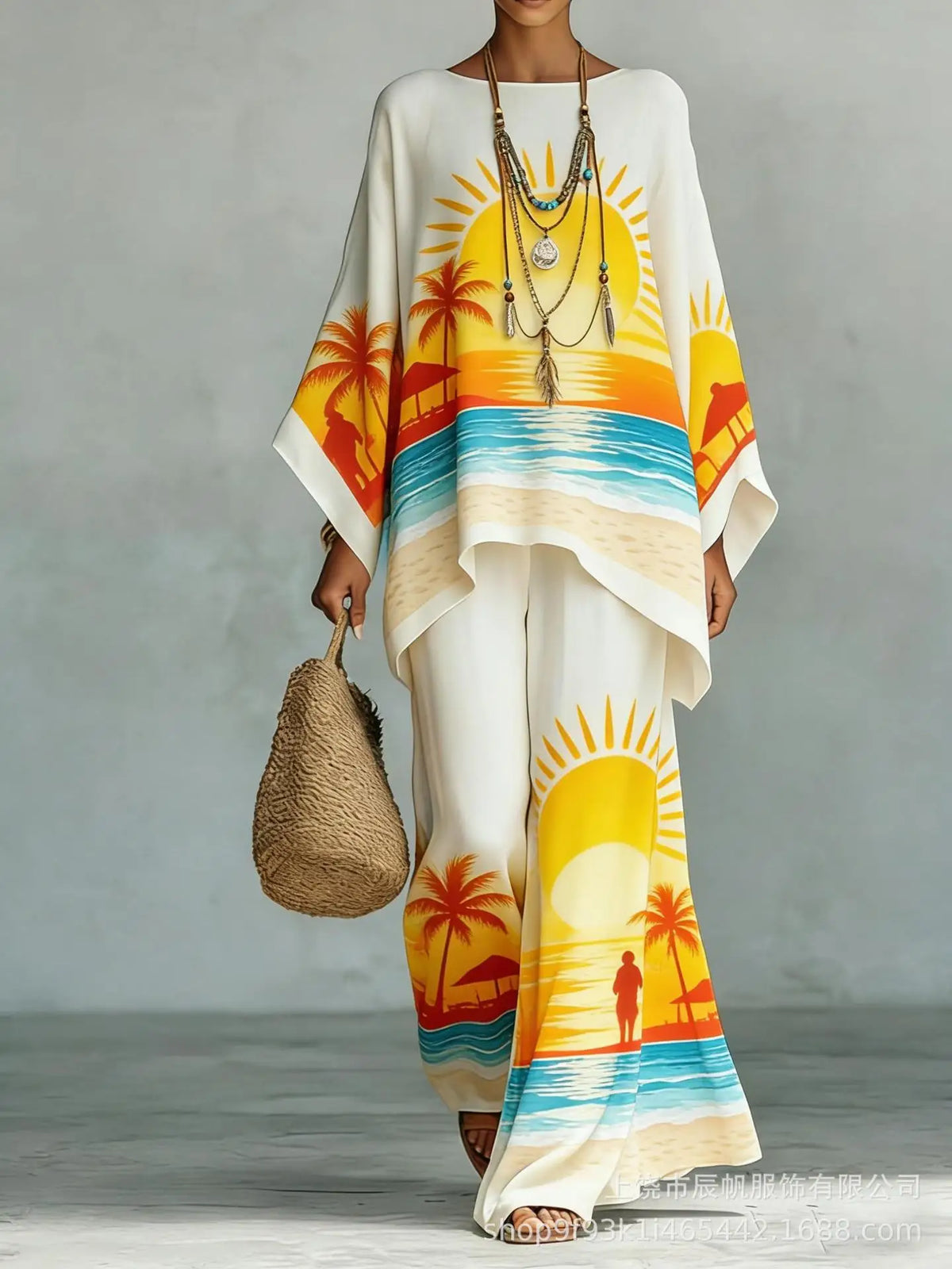 Bohemian Foreign Style Printed Women's Two-piece Set Spring Fashion O-neck Loose Top+wide Leg Pants Suit Ladies Office Outfit