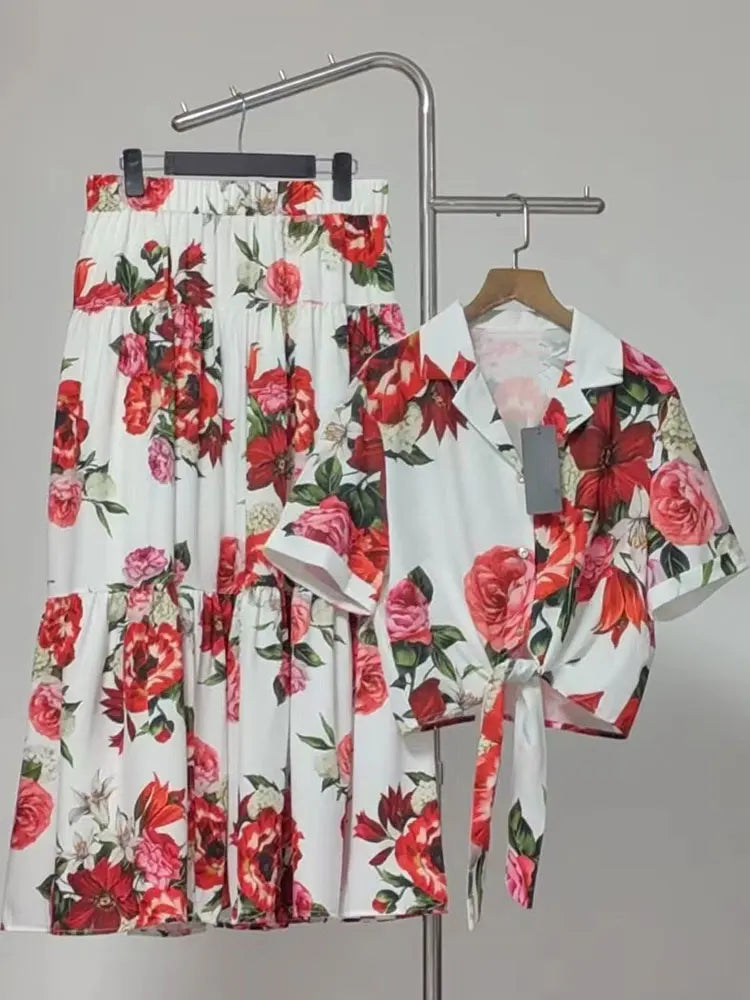 Retro Summer Women's New Two-Piece Lapel Single-Breasted Hem with Strapless Short Shirt + Elastic Waist A-Shaped Fashion Suit