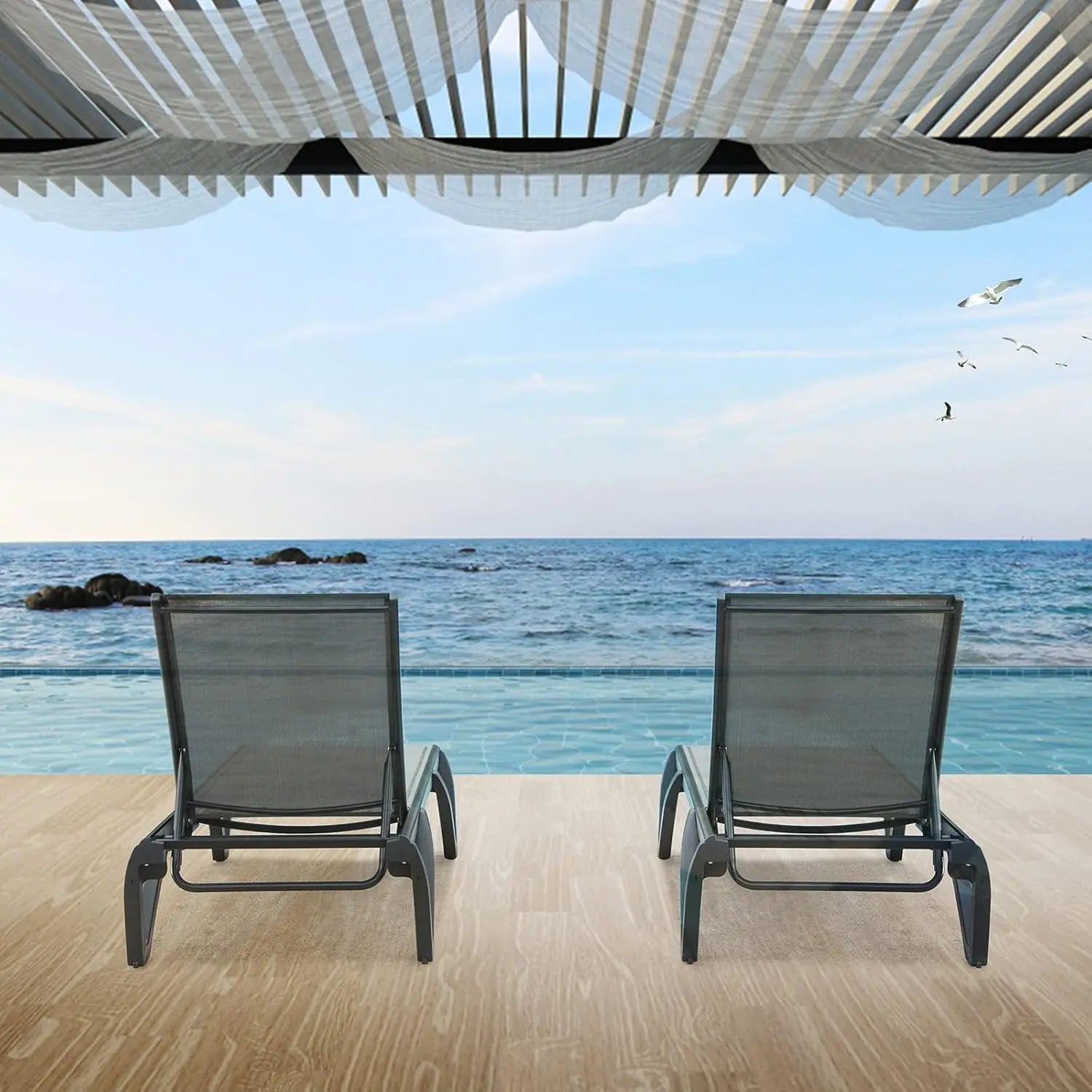 2 Pack Aluminum Outdoor Chaise Lounge,5 Position Adjustable Backrest&Wheels,All Weather Pool Patio, Custom