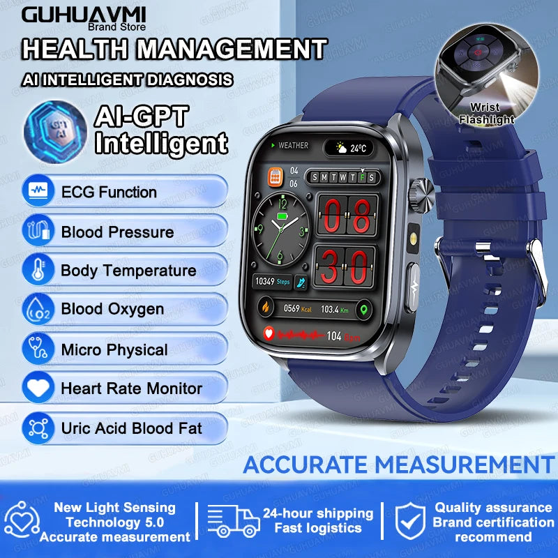 2026 New AI-Diagnosis Care Smartwatch Accurate ECG Uric Acid Lipids Blood Pressure Body Fat IP68 Waterproof Fitness Smartwatch