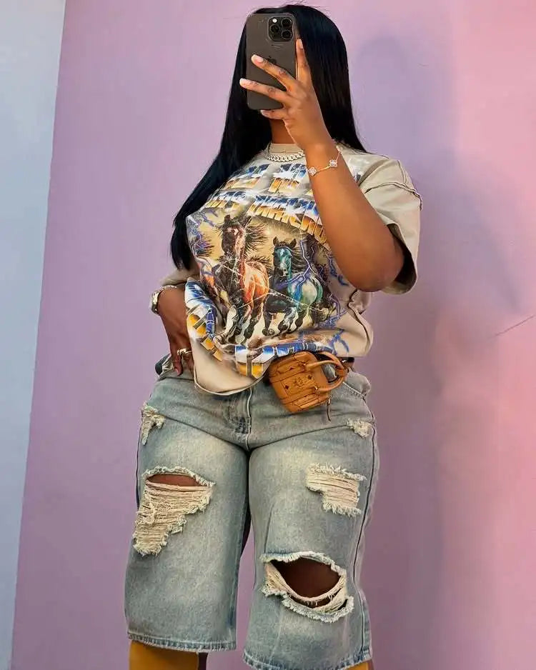 Europe America Summer New High-waisted Loose, Vintage, Ripped Denim Mid-length Straight-leg Wide-leg Pants. Casual Denim Shorts