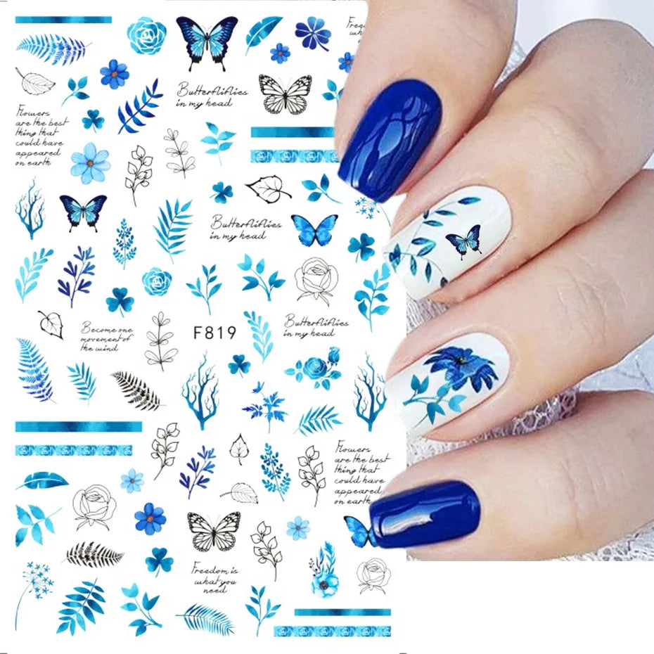 Autumn and Winter Blue Landscape Lines Flowers Birds Butterfly 3D Stickers Nail Art Decals Nail Parts Christmas Nail Stickers