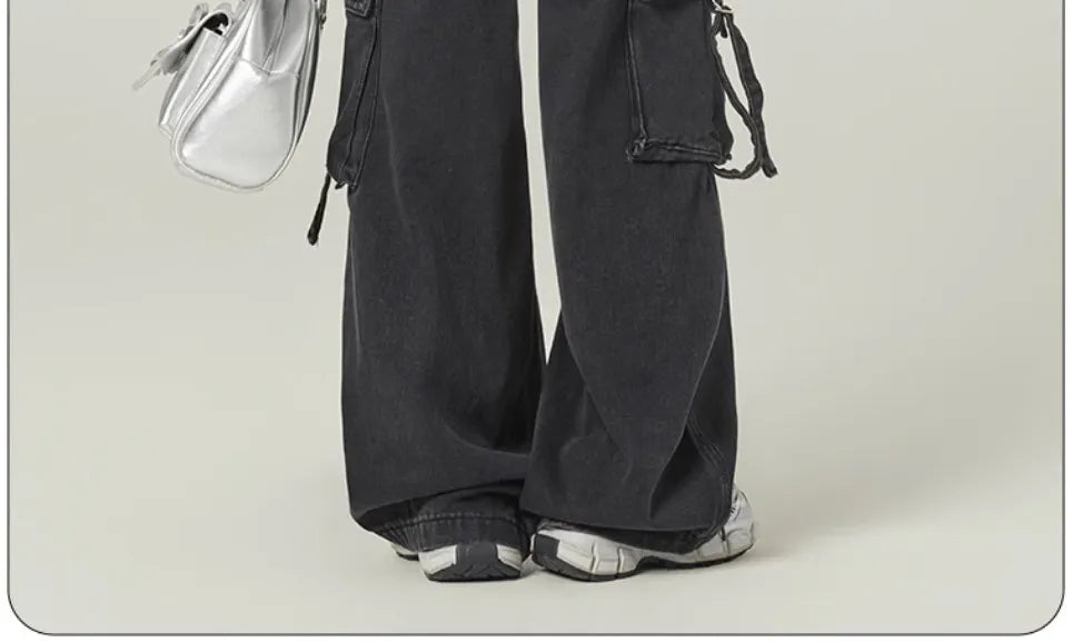 Black Gray Multi Pocket Cargo Jeans Women's Y2K Gothic Baggy Harajuku Oversize Denim Trousers Washed Straight Leg Wide Leg Pants