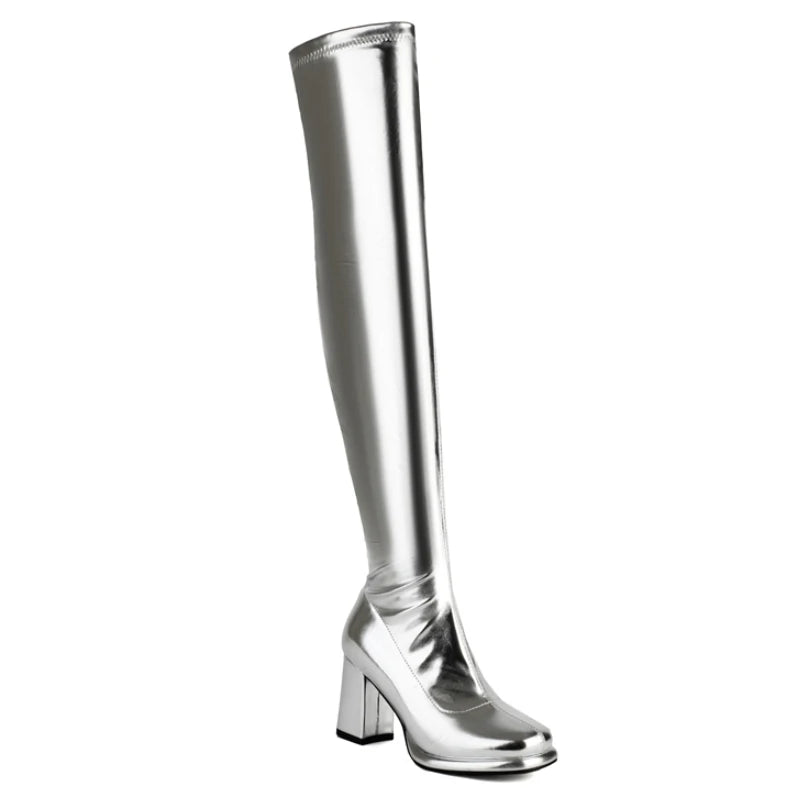SGESVIER Women's Over the Knee High Boots Elegant Autumn Winter Shoes Gold Silver Heeled Long Thigh Boot Ladies Party Shoes