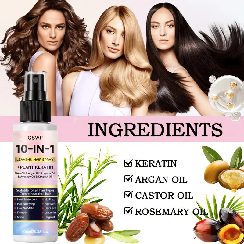 GSWP 10-In-1 Leave-In Hair Care Spray，Contains Biotin and Keratin，Heat Protection，Dry & Damaged Hair.100ml/200ml