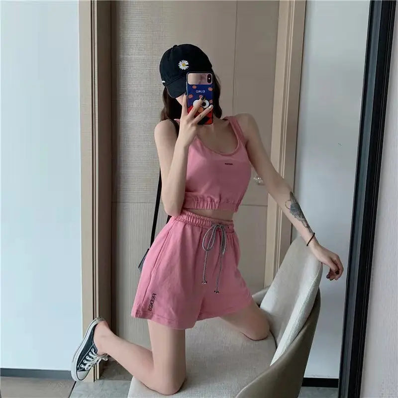 Women's Short Set Summer New Solid Sportswear Tank + Shorts Two Piece Womens Outifits Casual Sport Sets Woman