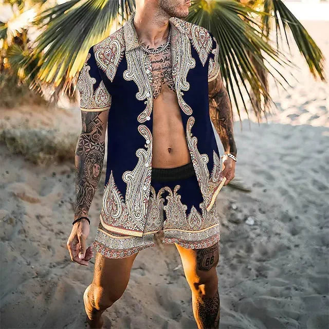 2024 Summer Men's Fashion Leopard Print Short Sleeve Shirt And Shorts Set Beach Style T Shirt Breathable Shorts Two Piece Set
