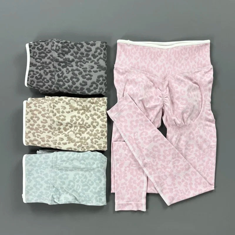 Seamless Leopard Print Leggings Women High Waist Yoga Pants Scrunch Butt Fitness Tights Moisture Wicking Slim Fit Sports Pants