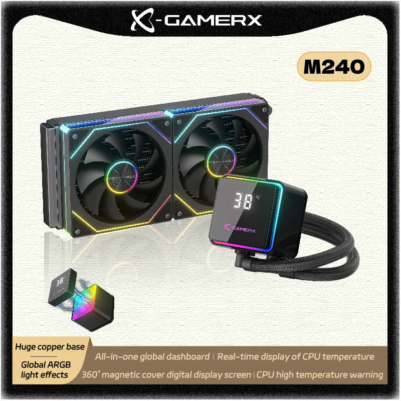PowerTrain X-GAMERX M240 Water Cooler 240mm Global ARGB Light Effects 12V 360° Magnetic Cover Digital Display Screen 26.9dB