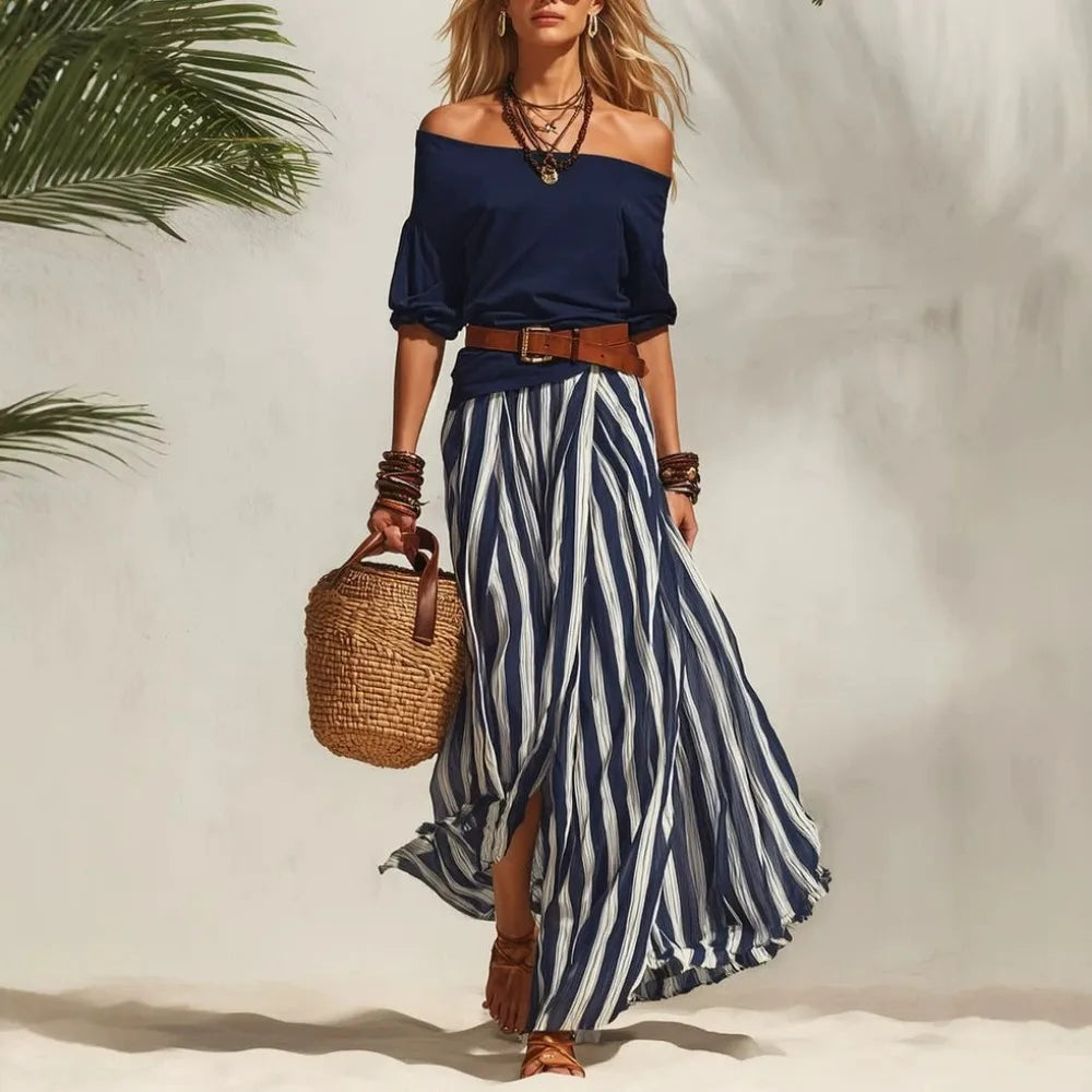 Women Multiple Colors Off Shoulder Puff Sleeve Top Vertical Stripe Flowy Maxi Skirt 2 Piece Outfit Loose Casual Vacation Set