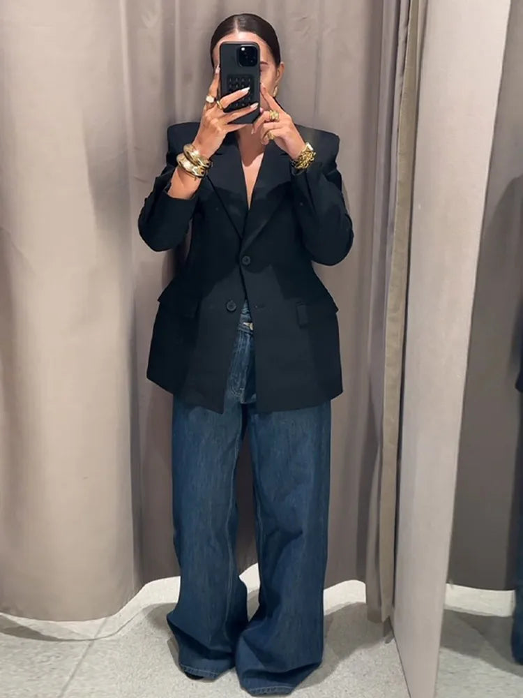 Elegant Shoulder Pad Slim Suit Jackets Women Solid Lapel Long Sleeved Jacket Female 2025 Spring Chic Daily Style Outwears Tops