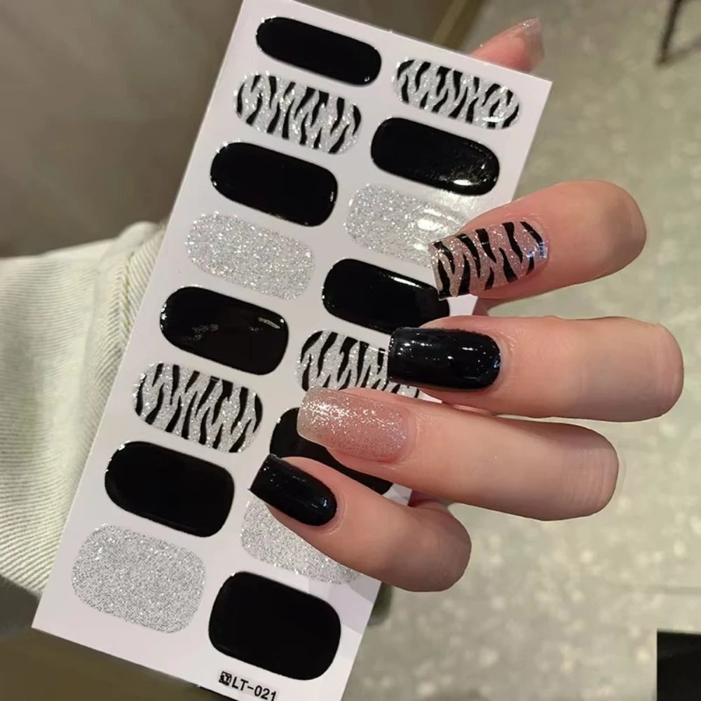 32 Strips Autumn Nail Stickers Semi Cured Full Cover Gel Nail Polish Strips Manicure Leopard Print Nail Patch