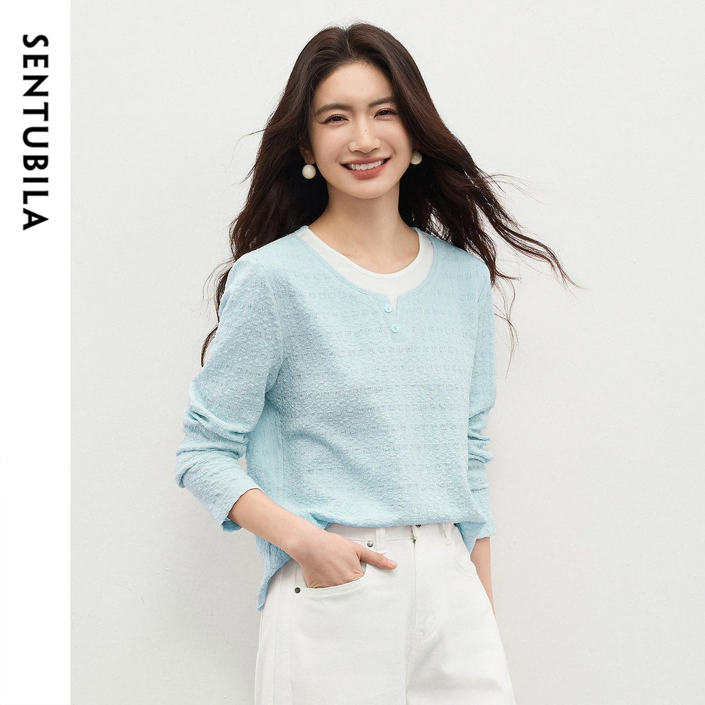 SENTUBILA Women's T-Shirt 2026 Spring Long Sleeve Top Round Neck Color Block Textured Fashion Tee Shirt Woman Clothes 161TD5398