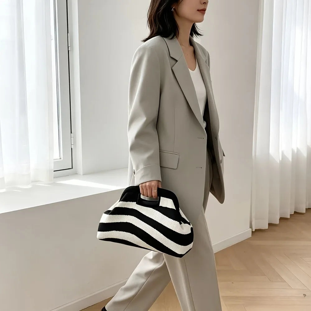 New Woven Bag Hollow-Out Striped Knitted Handbag Fly-Knitted Cloud Versatile Portable Cosmetic Bag