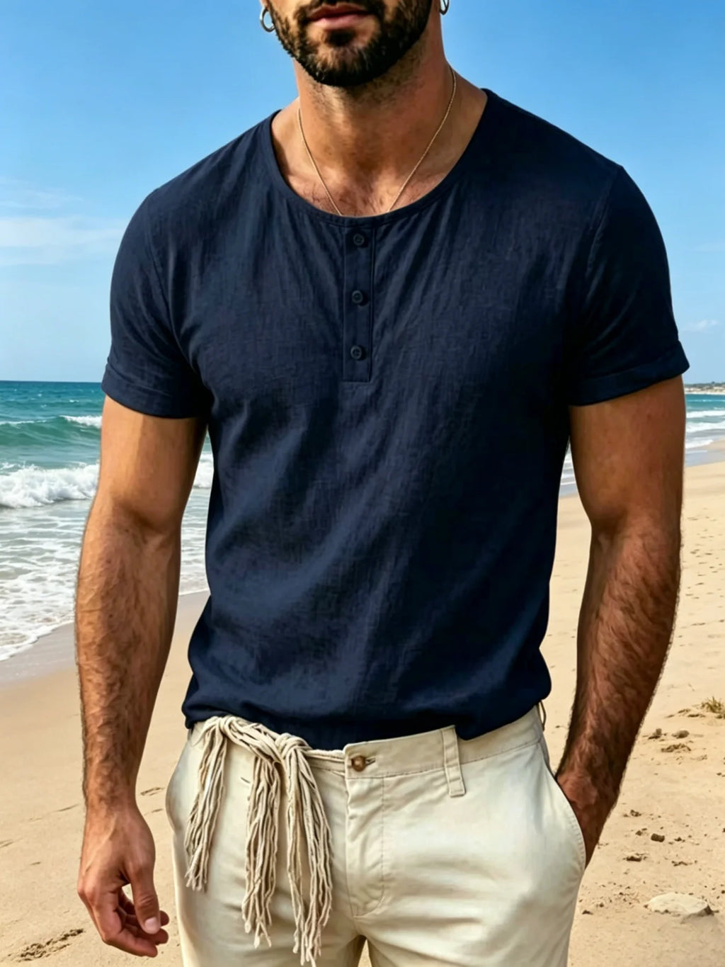 Men's Henley Neck Short Sleeve Shirt Lightweight Breathable Cotton Linen Blend Casual Beach Summer Top