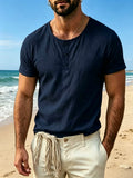 Men's Henley Neck Short Sleeve Shirt Lightweight Breathable Cotton Linen Blend Casual Beach Summer Top