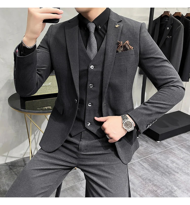 Blazer Vest Pants Men's Navy Blue Suit Set Slim Fit Blazer Vest Pants Formal Outfit for Business Wedding Office Groom Party