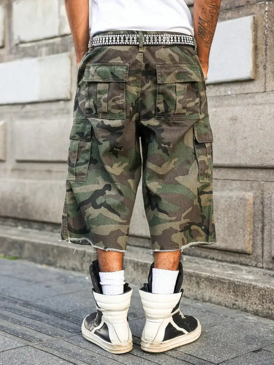 PAVTROS Manfinity Streetrush Men's Casual Cargo Pockets Camouflage Frayed Hem Loose Denim Shorts Jorts Going Out Hang Out Party