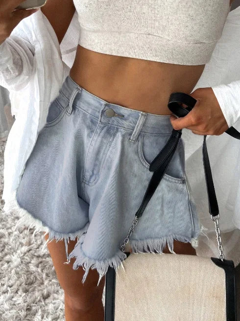 2026 New Women's Umbrella Denim Shorts High Waisted Summer Elastic Tassel Jean Booty Shorts