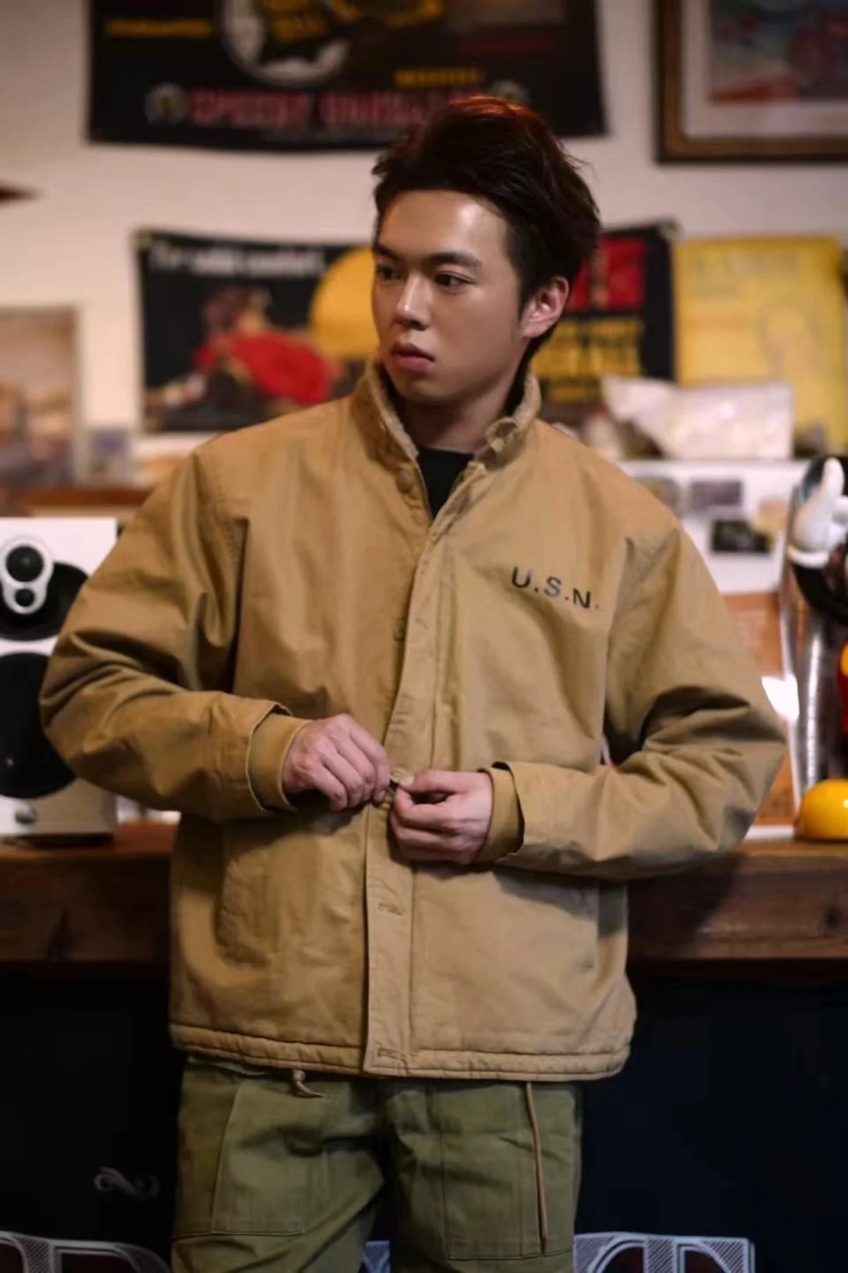 1940s N1 USN Thick Winter Mens Sherpa Fleece Deck Jacket Khaki Jungle Cloth Warm Heavyweight Vintage Parka Cotton Coat For Men