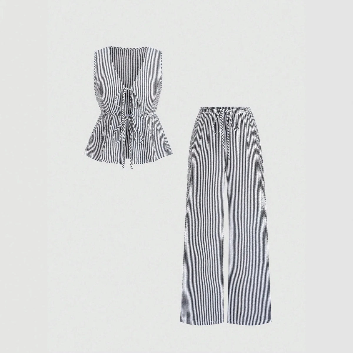 2026 European‑style Summer Solid‑Color Striped Outfit, Tie‑Strap Tank Top & Loose Trousers, Casual Sweet Two‑Piece Set