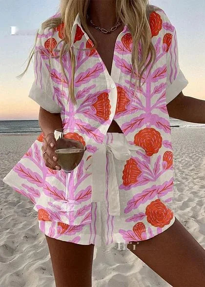 Fashion Print Beach Holiday Set For Women Summer New Short Sleeve Buttoned Shirt Wide Legs Shorts Oversized Two Piece Set