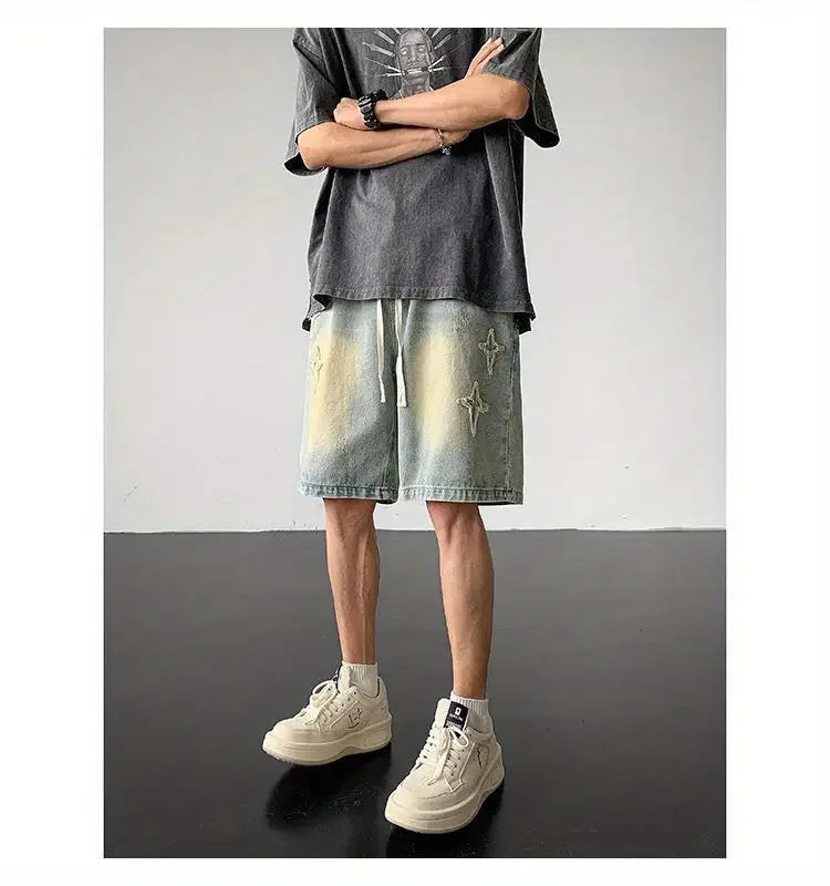 Embroidered Denim Shorts Men's Summer American Retro Street Five-point Pants Trendy Brand Trendy Loose