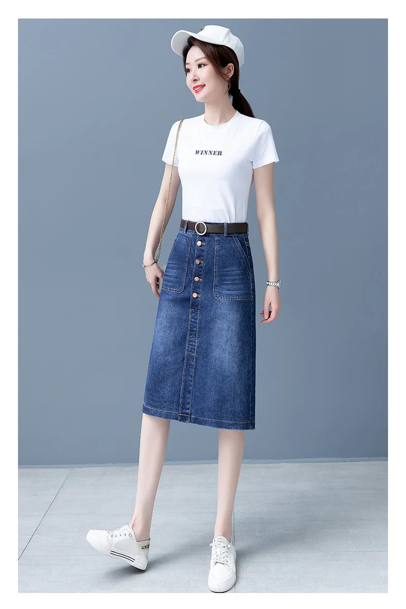 High Waist A-Line Midi Skirt for Women Spring 2023 Denim Split Long Dress Korean Style Commute Pure Color Long Skirt