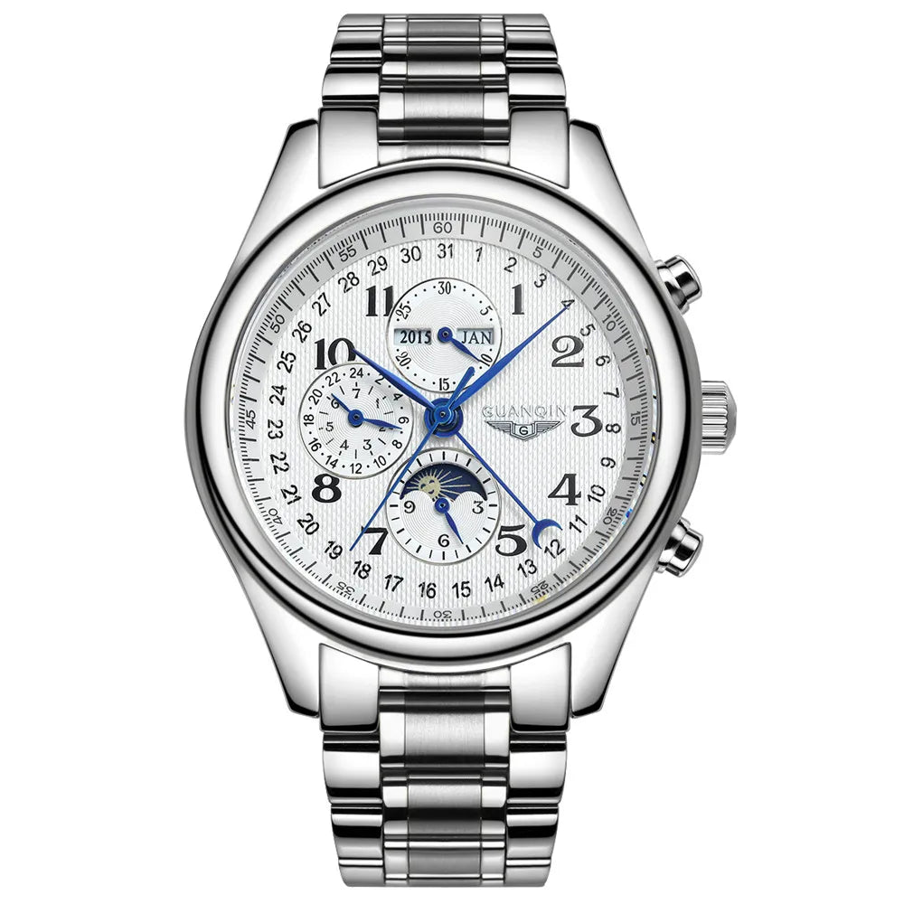GUANQIN Leather Steel Mechanical Sapphire Men Watches Top Brand Luxury Waterproof Automatic Wristwatch Calendar Moon Phase
