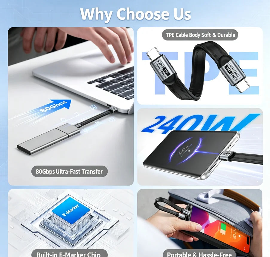 Uyellow USB 5 Cable 80Gbps 240W 16K Type C To C Fast Charging Thunderbolt 3 4 5 USB 5.0 to C Data Transfer Cable Laptop