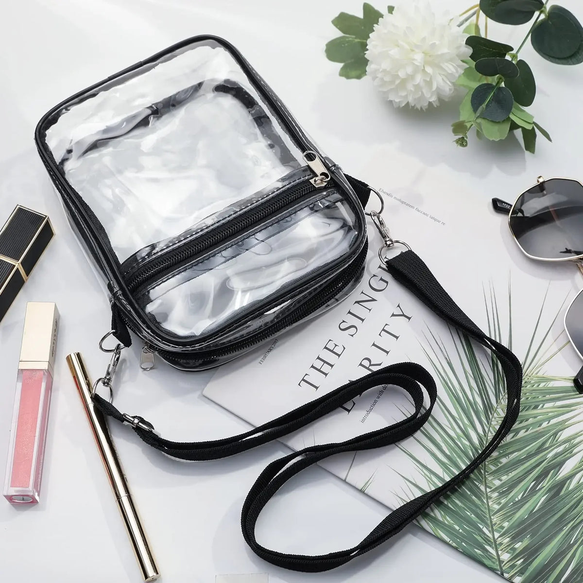 Women Clear Shoulder Bag Stadium Approved PVC Concert Transparent Purse Simple Crossbody Bag With Front Pocket Casual Handbag