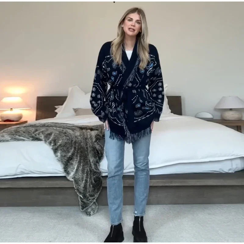 Casual Print Tassel Cardigan Women Elegant Belt V-neck Long Sleeve Knitted Sweaters Female 2026 Autumn Winter Knitwears Lady