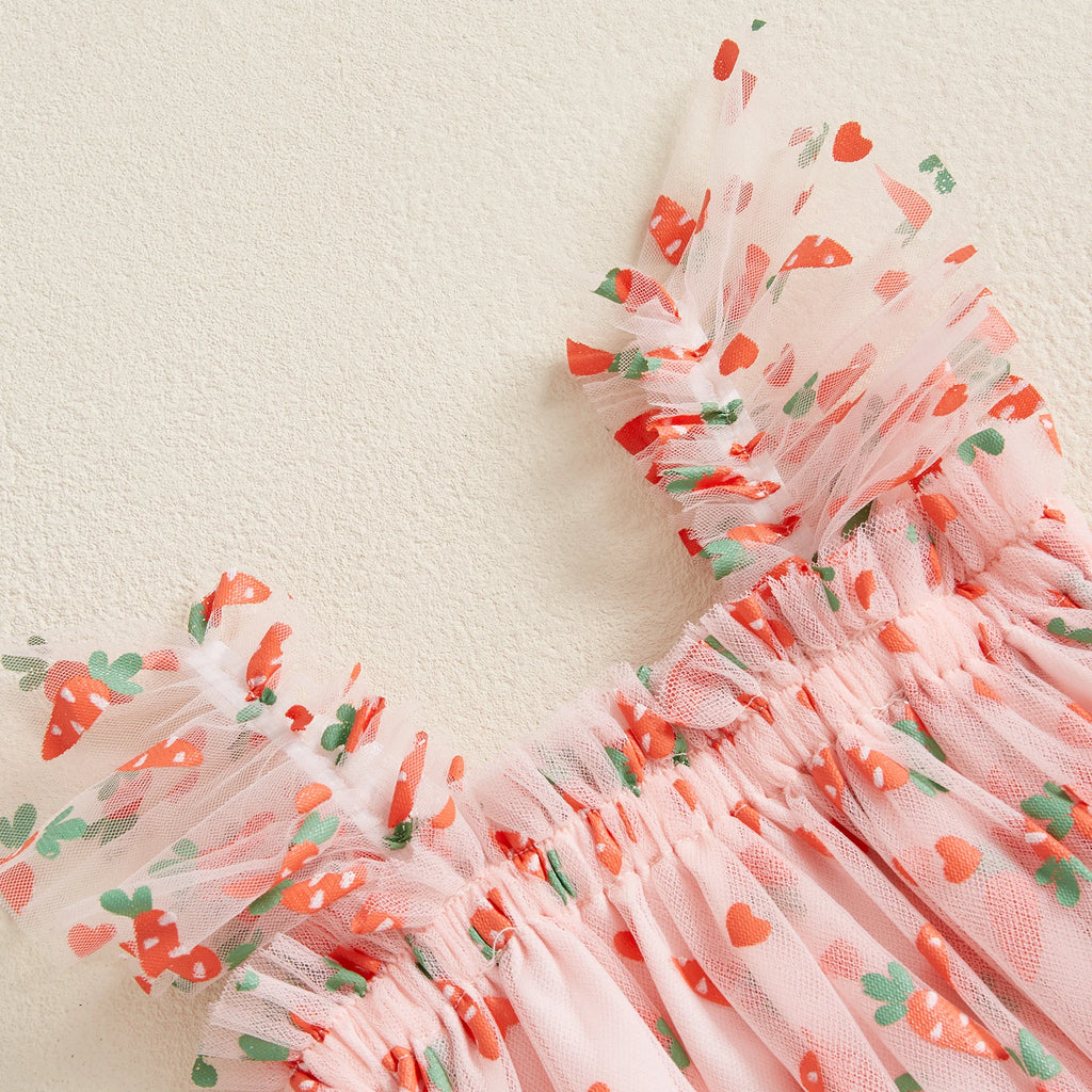 Toddler Baby Girls Easter Tulle Dress Cute Carrot/Rabbit Print Ruffled Flying Sleeve Mesh Dress for Summer Casual Clothes