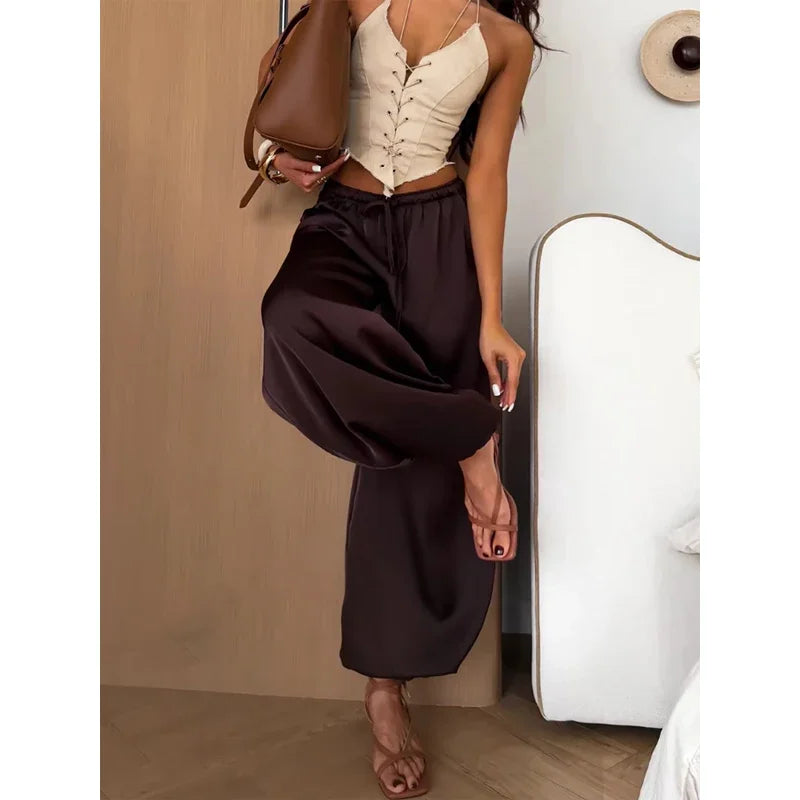 Solid Drapey Satin Loose Harem Pants Women Casual Elastic Waist Drawstring Design Long Pant 2026 Lady Commute Versatile Wear New