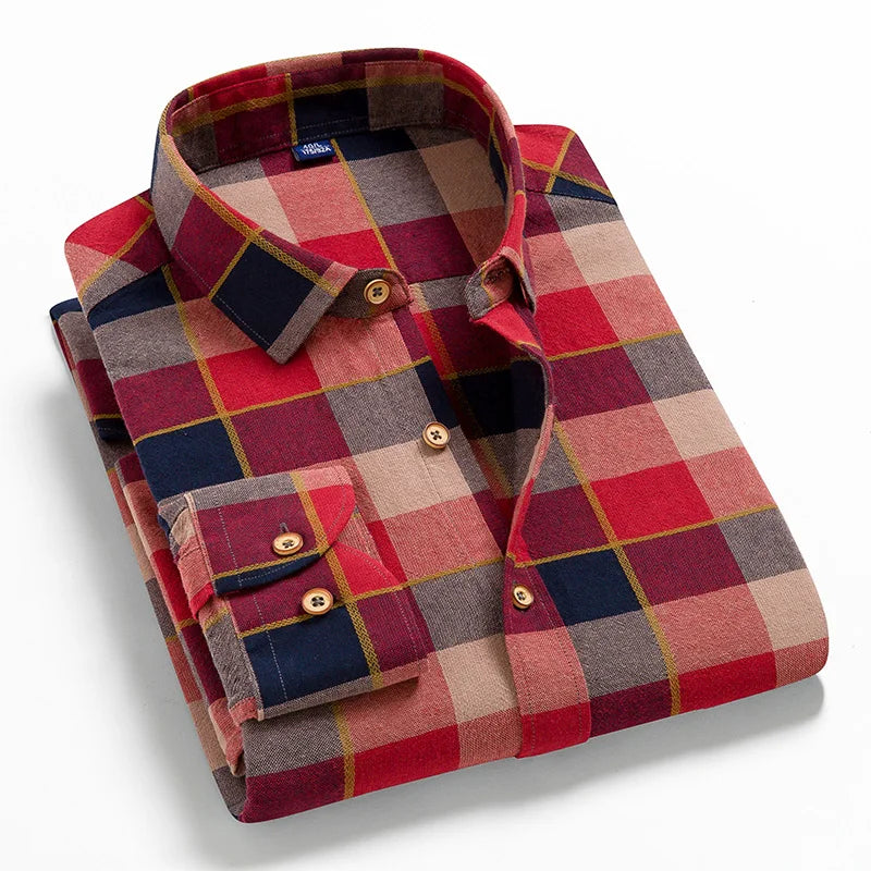 2026 100% Cotton New Male Casual Long Sleeve Warm Man Clothes Flannel Plaid Shirt Men Plus Size 3XL 4XL