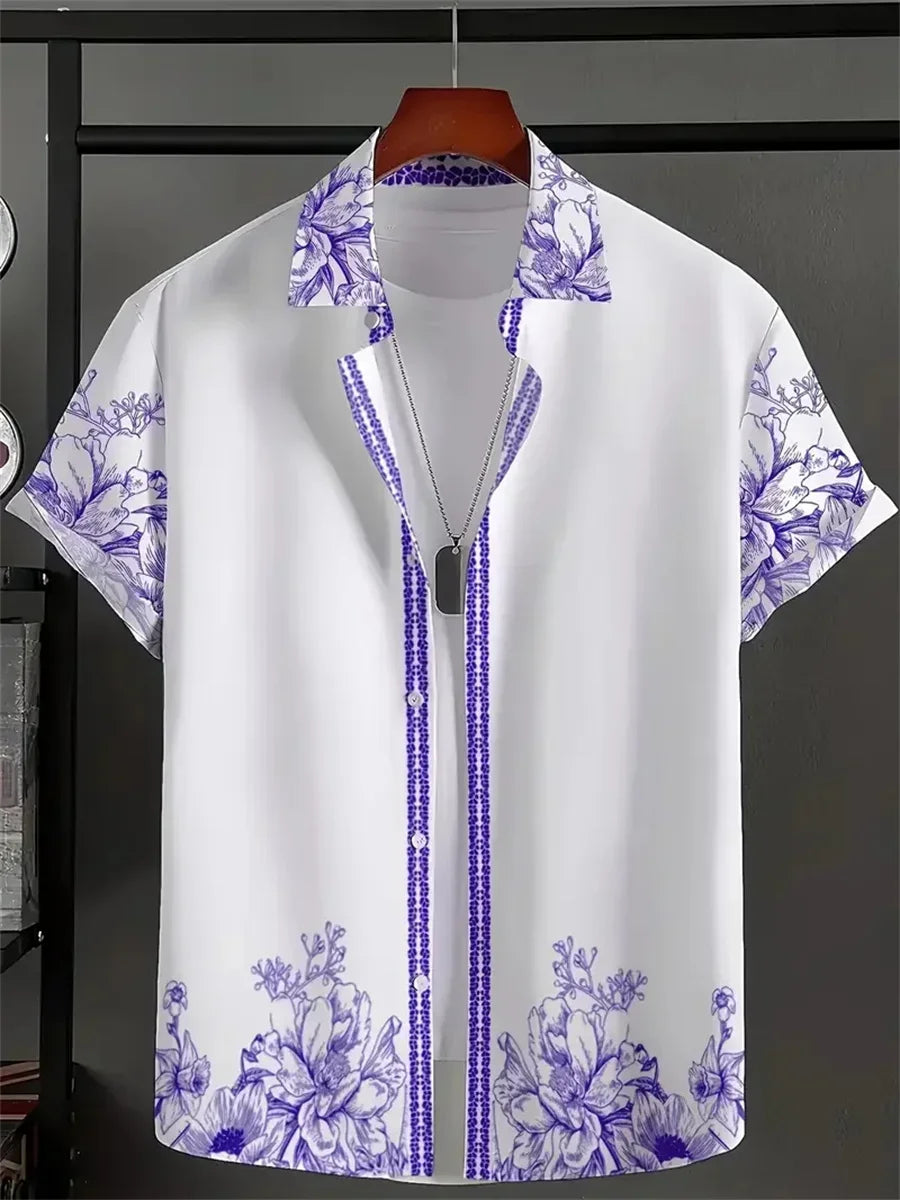 Men's Short-Sleeve Casual Loose-Fitting Lapel Hawaiian Shirt with Blue and White Porcelain Floral Print, New Summer Shirt