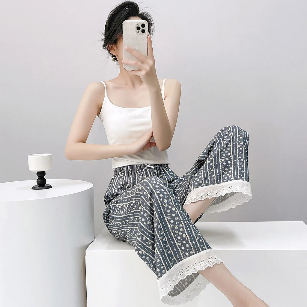Women Viscose Casual Trousers With Lace Loose Pajamas Home Pants Thin Wide Leg Pants Fashion Oversized Sleep Bottom Korean Pants
