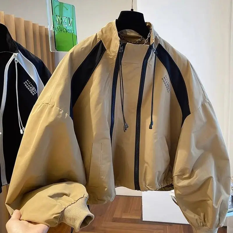 Bomber Jacket Zip Sweatshirt Design Oversized Casual Stand-up Collar Trench Coat Women Outerwear Spring Autumn Short Windbreaker