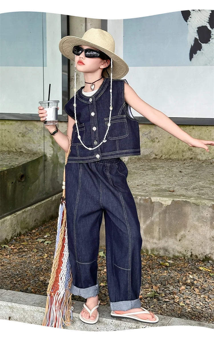 Summer teen Girls Denim Set 2024 Child Sleeveless Cowboy vest+Wide leg pants Two Piece junior kid jeans suit child outfits 10 12