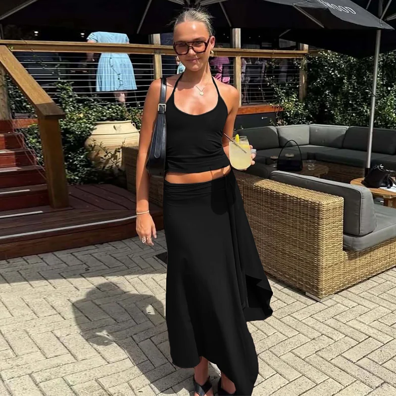 Hugcitar Fashion 2 Pcs Sets Halter Solid Backless Lace Up Sexy Crop Tank Top Ruched Maxi Skirt Women Outfit Beach Vacation Sport