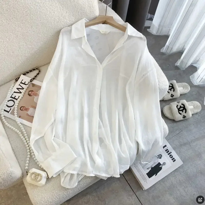 Fashion Back Slit Chiffon Sun Protection Blouse Women Summer New Loose Thin Tops Y2K Korean Chic Long Sleeve Lapel Shirts