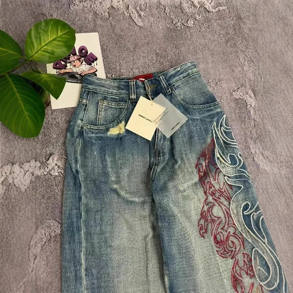 Y2K American New Pattern Embroidery Baggy Jeans Couple Pants mid Waist Straight Leg Loose Fit Teenager Jeans Casual Trousers