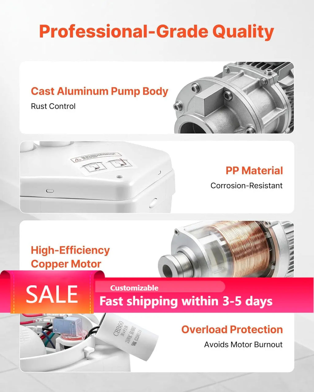 Utility Sink Pump, 1 HP, 2200 GPH Under Sink Pump with 3 Water Inlets 1 Outlet, 36 ft Max Lift, Cast Aluminum Motor