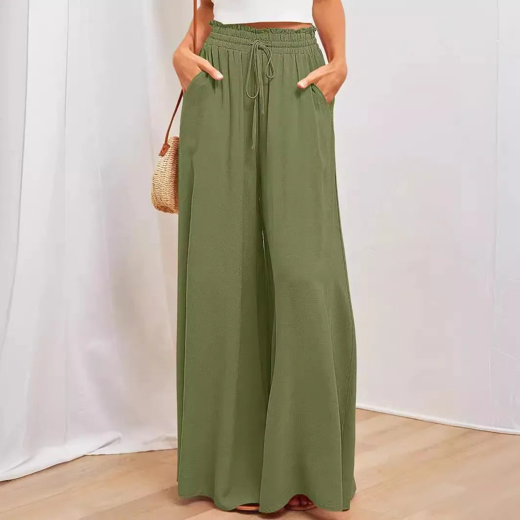 Women's Elastic Long Palazzo Pants Casual Urban Style Tie Detail Polyester Blend Woman Clothes Female Clothing Women's And
