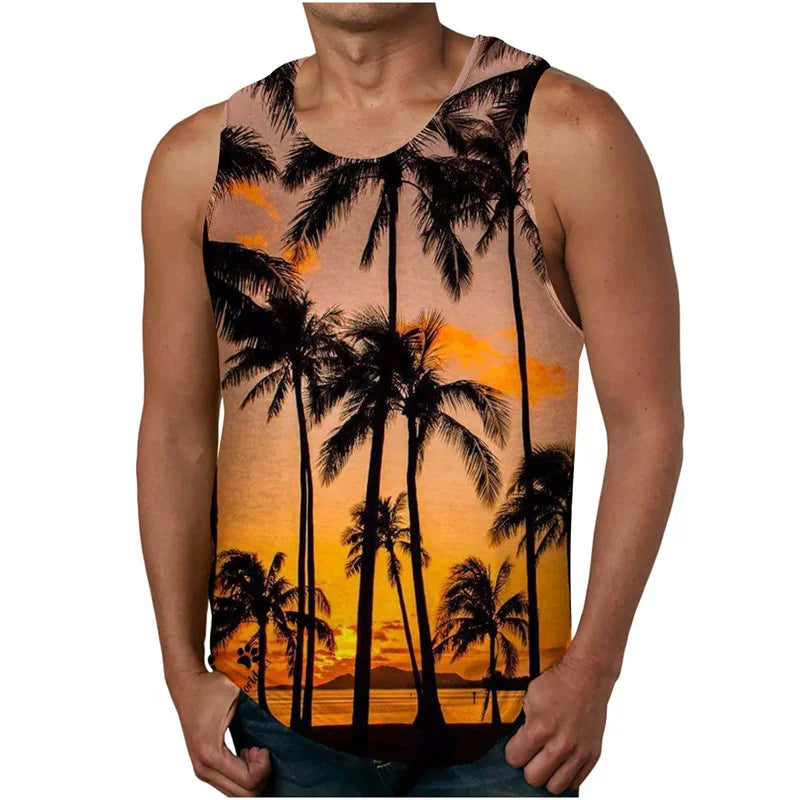 vintage Summer 3D New Coconut Trees Printed Tank Top Tropical Leaves Graphic Tank Tops Men Fashion Cool Streetwear Clothing Vest