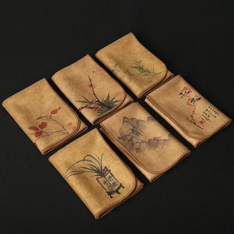 Zen Tea Towel Set: Hand-Painted Thick Linen Cotton Absorbent Cloth for Teapot, Table & Instrument Care (Erhu, Violin, Guzheng)