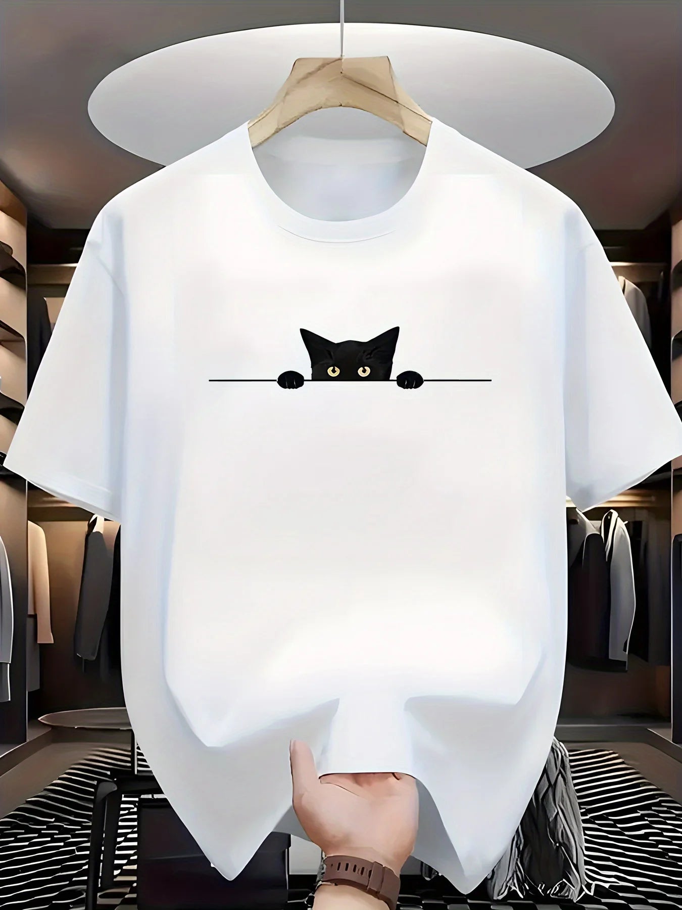 Men's Summer 100% Cotton Fashionable Casual Loose Large Cute Cat Pattern Printed Round Neck Short Sleeve T-shirt Top